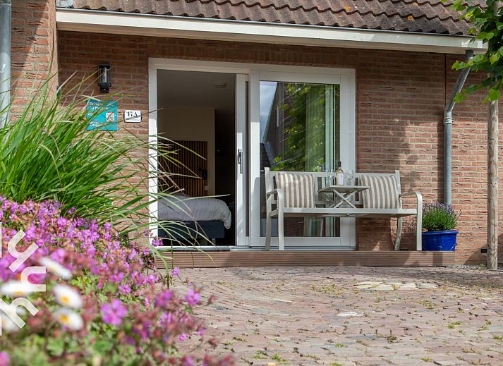 Veranda van vakantiehuis ZE1487 in Aagtekerke, Walcheren met uitzicht op het terras en kleurrijke bloemen.