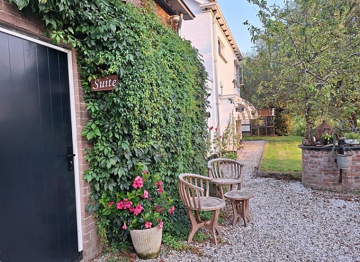 Rustieke buitenkant van Vakantiehuis in Arnemuiden, Walcheren, Zeeland met stenen muren en bloeiende planten.