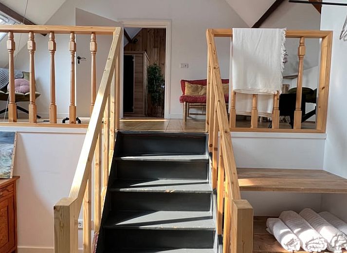 Charmant terras bij Vakantiehuis in Arnemuiden, Walcheren, Zeeland met groene klimop en houten stoelen.