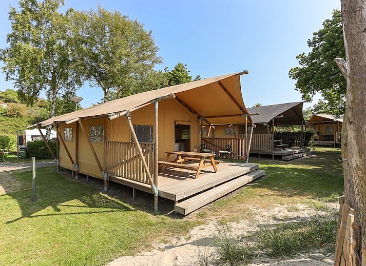 Interior of Safari Tent 4 in Vrouwenpolder, Walcheren, Zeeland with wooden interior and kitchen, ideal for glamping.