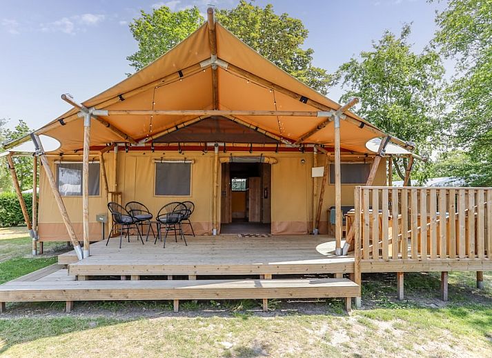 Das Safari-Zelt 8 in Vrouwenpolder, Walcheren, bietet eine charmante Glamping-Unterkunft mit einer einladenden Terrasse und einer natuerlichen Umgebung.