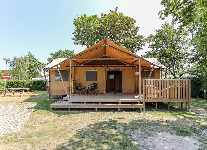 Das Safari-Zelt 8 in Vrouwenpolder, Walcheren, bietet eine charmante Glamping-Unterkunft mit einer einladenden Terrasse und einer natuerlichen Umgebung.