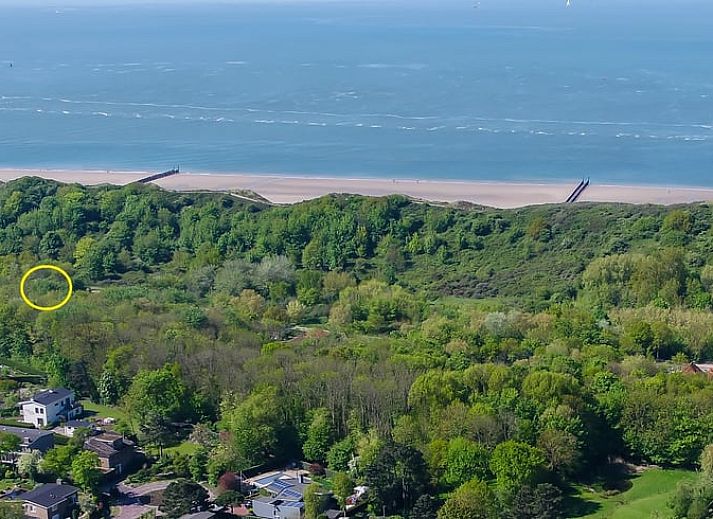 Aerial view of Holiday home in Dishoek overlooking the coast of Walcheren, Zeeland.