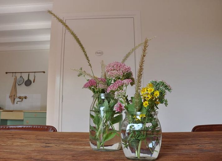 Houten tafel met stoelen in een groene tuin bij Vakantiehuis in Nieuw- en Sint Joosland, Walcheren, Zeeland.