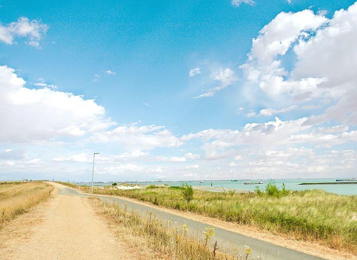 Gemuetliches Wohnzimmer von VZ407 Ferienhaus Breskens, mit Sitzecke und Gartenblick.