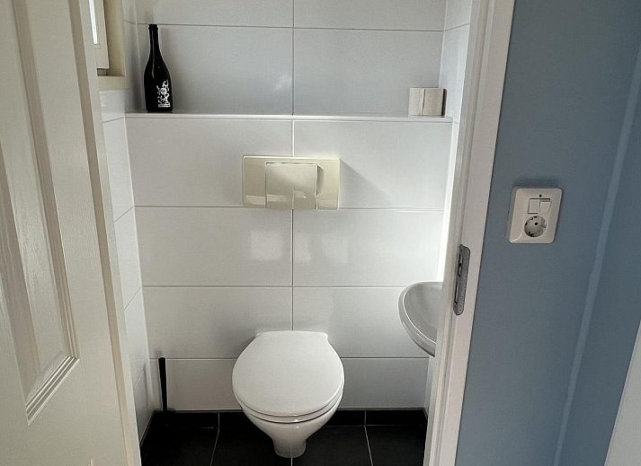 Sonnige Terrasse mit blauen Kissen im Ferienhaus VZ808 in Breskens, Zeeuws-Vlaanderen.