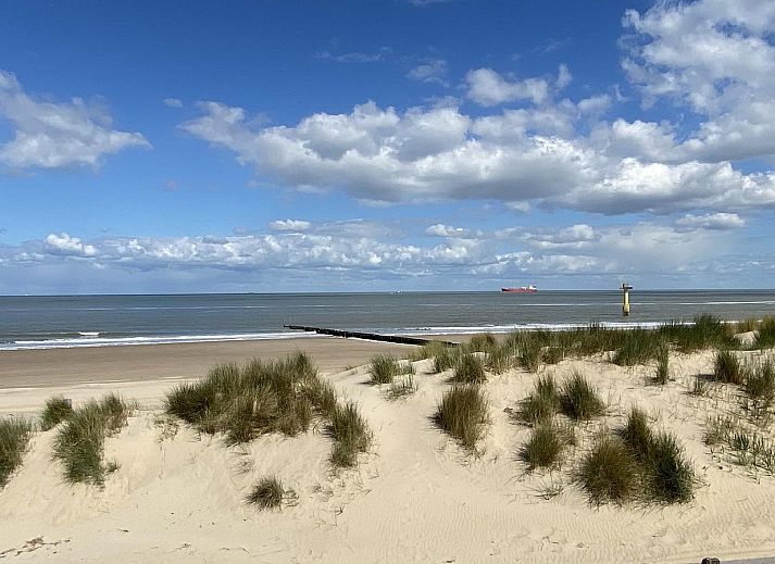 Comfortabele woonkamer in VZ193 Appartement Cadzand met leren banken in Cadzand, Zeeuws-Vlaanderen, Zeeland.