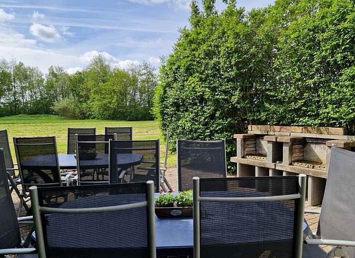 Uitzicht op de uitgestrekte groene omgeving van Boerderijverblijf Soncy, een idyllisch vakantiehuis in Groede, Zeeland.