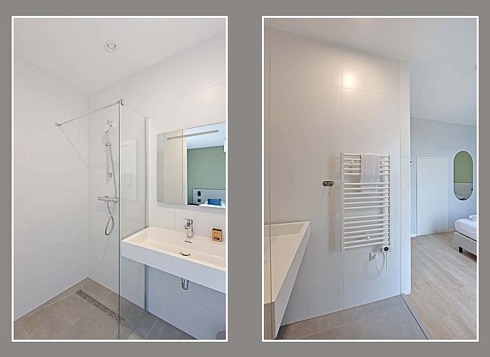 Helles Wohnzimmer eines freistehenden Hauses in Nieuwvliet, Zeeuws-Vlaanderen, mit grozgiger Sitzbank und Blick auf die grne Umgebung.