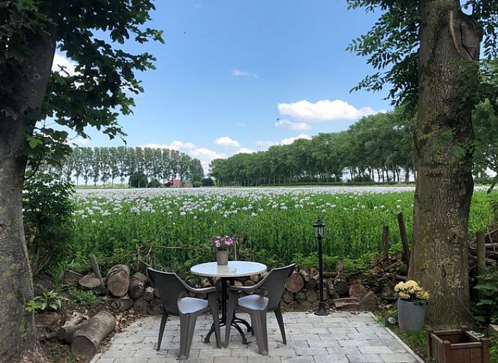 Gemuetliches Schlafzimmer des Ferienhauses in Axel mit Holzbalken und Landhausstil in Zeeland.