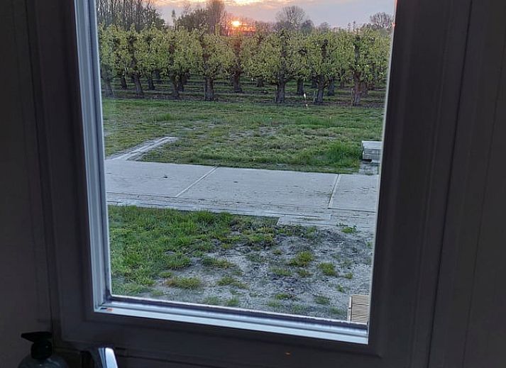 Gezellige slaapkamer in Vakantiehuisje in Hengstdijk, Zeeuws-Vlaanderen, met comfortabel bed en rustgevend uitzicht op de natuur.