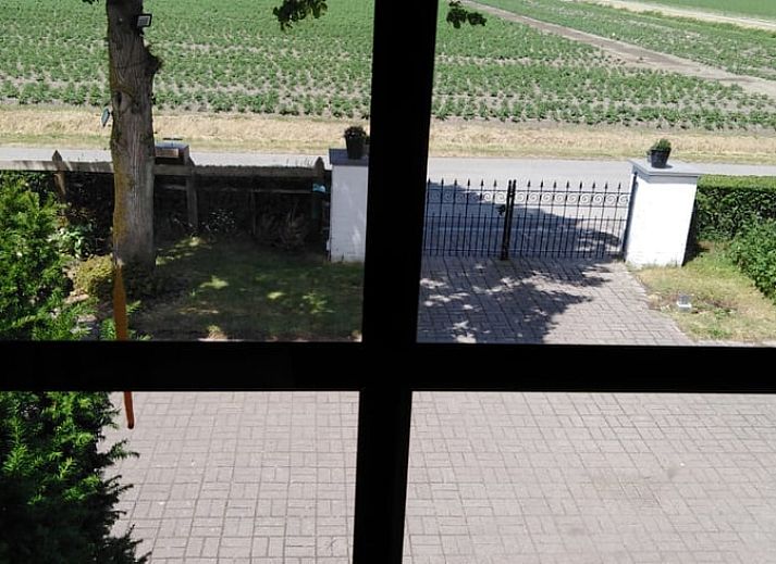 Ingang van Vakantiehuisje in IJzendijke, Zeeuws-Vlaanderen met uitzicht op de velden.