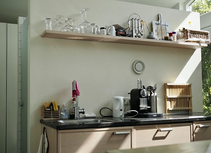 Modern kitchen with a view of nature in Holiday Home De Orangerie, Zaamslag, Zeeuws-Vlaanderen.