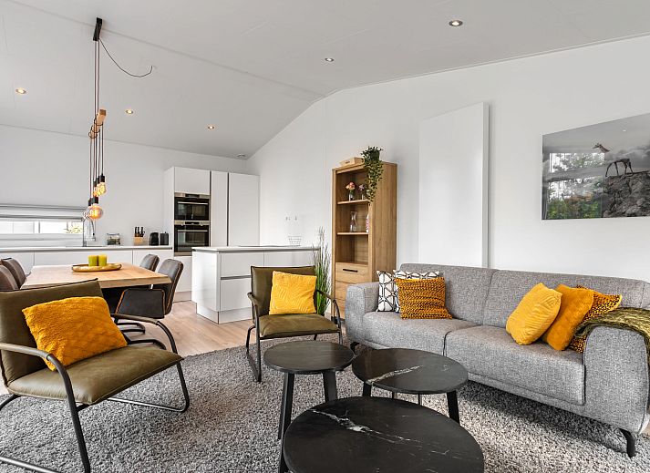 Helles, modern eingerichtetes Wohnzimmer des Ferienhauses Ruisweg 80 in Wemeldinge, Zeeland.