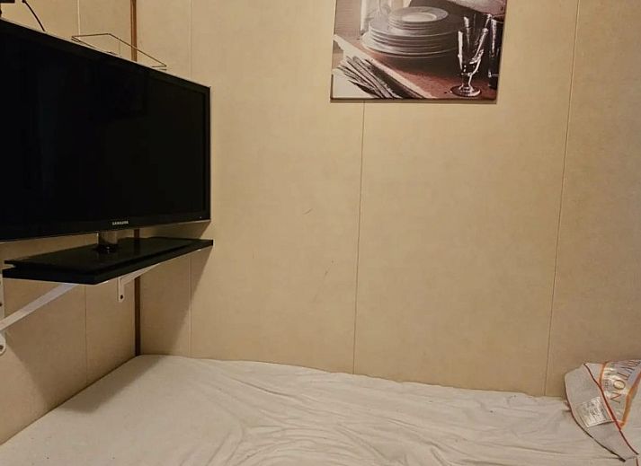 Seitenansicht des 4-Staemme-Chalets auf dem Campingplatz Ardoer, Zuid-Beveland, umgeben von gruener Natur