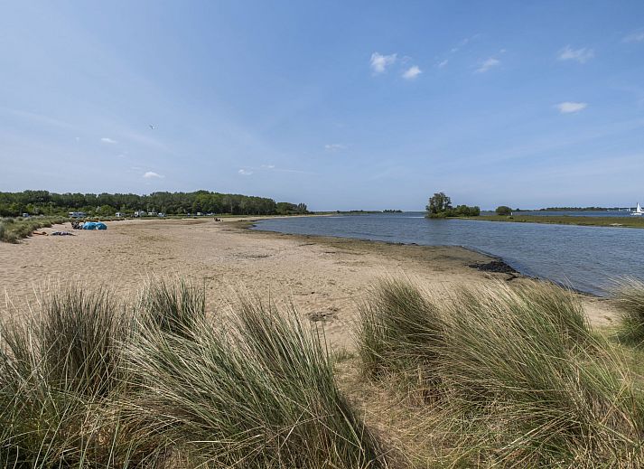 Geniessen Sie den sonnigen Garten des Ferienhauses Haus Anni in Hansweert, Zuid-Beveland, mit gemuetlicher Sitzecke und Sonnenschirm.