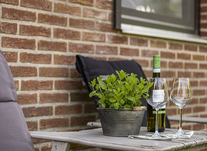 Geraeumige Terrasse mit Sitzgelegenheit im Ferienhaus Haus Anni in Hansweert, Zuid-Beveland, umgeben von viel Gruen.