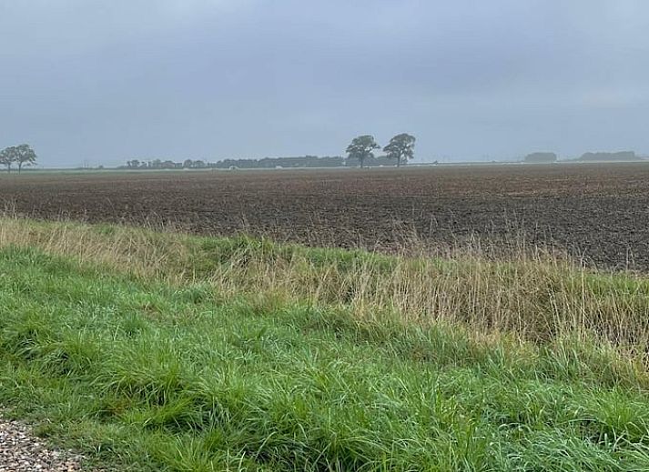 Binnenruimte van Vakantiehuisje in Lewedorp, Zuid-Beveland, met uitzicht op de natuur. Gezellige inrichting met bloemen en kaart aan de muur.
