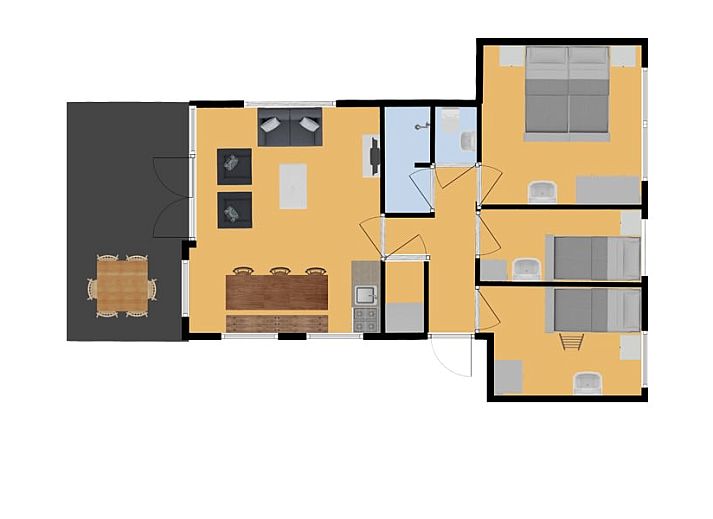 Geniet van de ruime veranda van Bungalow Renesse in Ouddorp, Zuid-Holland, perfect voor buitenmaaltijden en ontspanning.