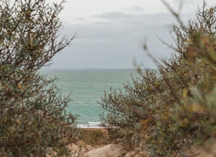 Gemuetlicher Essbereich im Ferienhaus in Ouddorp mit Blick auf den gruenen Garten, gelegen in Ouddorp, Goeree-Overflakkee, Suedholland.