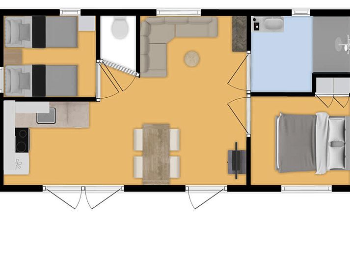 Eetruimte in Mobil home Strandloper, Ouddorp, met uitzicht op terras en tuin, perfecte plek voor familiediners.
