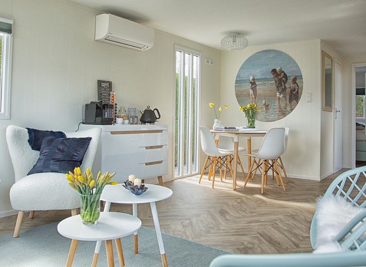 Gemuetliches Interieur des Chalets Thuiz in Ouddorp, Suedholland, mit moderner Einrichtung und viel natuerlichem Licht.