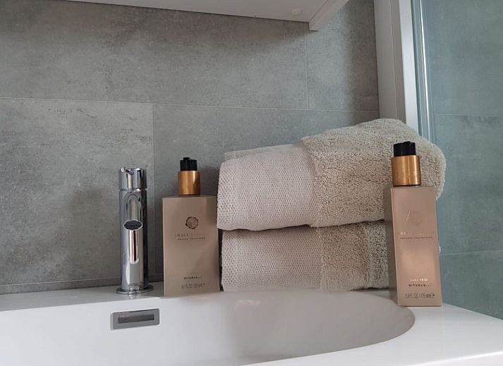 Sonnige Terrasse des Chalets Thuiz in Ouddorp, Suedholland, perfekt fuer das Leben im Freien und das Geniessen der Natur.