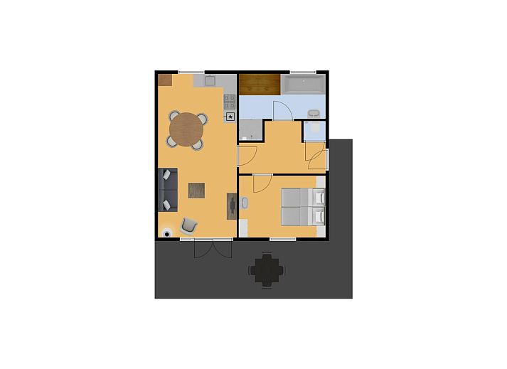 Cozy outdoor area of Bungalow Middelharnis, Ouddorp with shaded area and garden furniture.