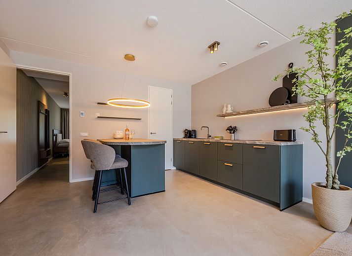 Zonnige woonkamer met grote ramen in het 2-persoons appartement 2L, Ouddorp, Goeree-Overflakkee, biedt uitzicht op de duinen.