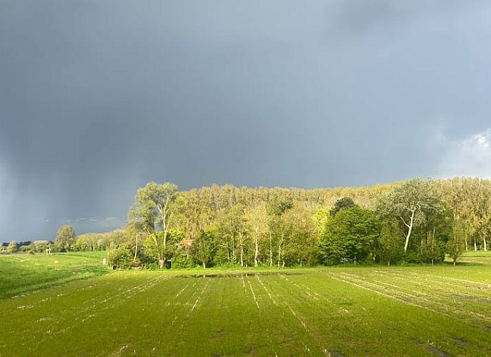 Moderne keuken in Vakantiehuisje in Goedereede, Goeree-Overflakkee, met eettafel en houten vloer.