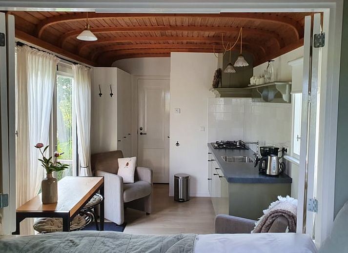 Terrasse von Huisje in Haastrecht, Ferienunterkunft in Haastrecht, Suedholland, mit Liegestuehlen und gruener Umgebung.