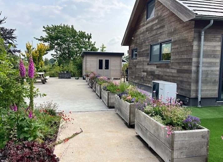 Cottage in Noorden, Green Heart, South Holland with wooden facade and colorful flower boxes, surrounded by lush nature.