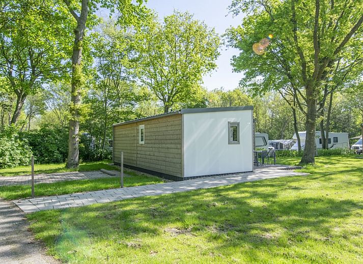 Gezellige woonkamer in Comfort 2 Mindervalide chalet, Kijkduin, met comfortabele zithoek en decoratie.