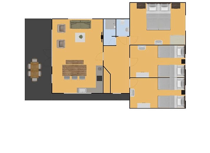 Stijlvolle eetkamer in Bungalow Brouwersdam, Ouddorp, met moderne meubels en uitzicht op de tuin in Goeree-Overflakkee, Zuid-Holland.
