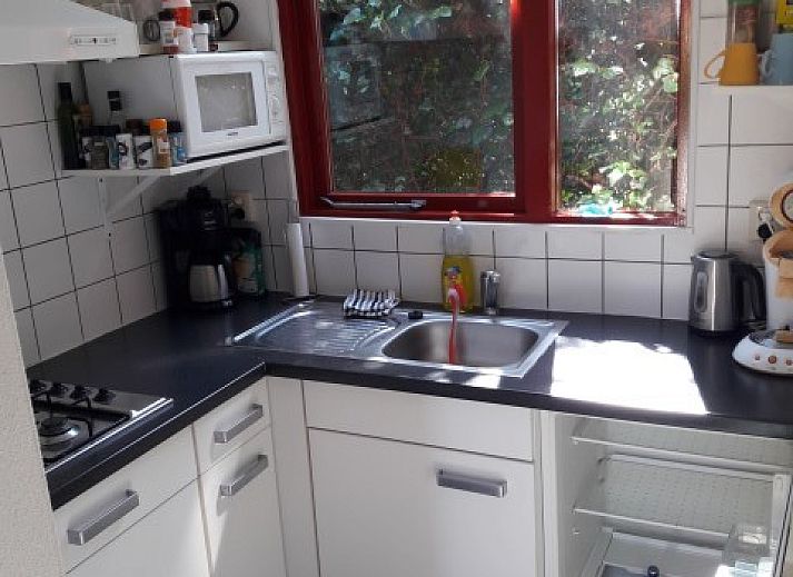 Zonnig terras bij Om de Loop vakantiehuis in Rockanje, Zuid-Holland, omgeven door groen.