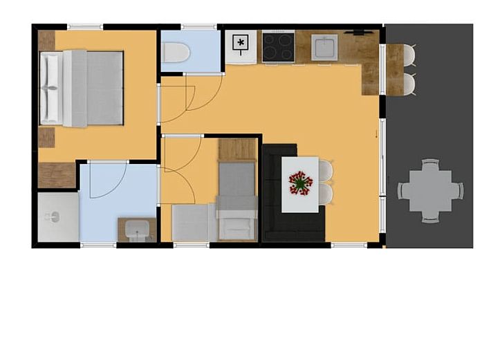 Moderne Kueche von Mobil home Beachhome in Ouddorp, komplett ausgestattet fuer einen komfortablen Aufenthalt in Suedholland.