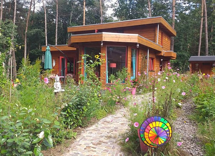 Vakantiehuisje in Groesbeek omringd door kleurrijke bloemen in het Rijk van Nijmegen, Gelderland.