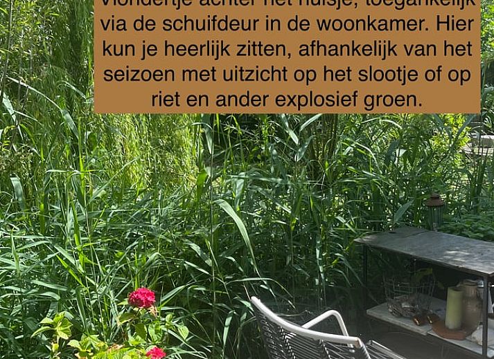 Huisje in Ingen biedt uitzicht op groene tuin vanuit de ruime woonkamer zonder tv.