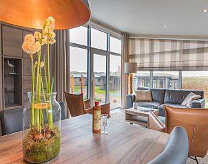 Stylish dining room overlooking nature in Chalet 04 Nevada, vacation home in De Cocksdorp, Texel.