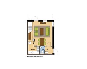 Plattegrond van de begane grond van Type T-4 vakantiehuis in De Cocksdorp, Texel.