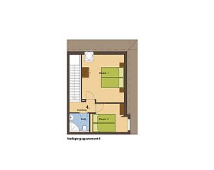 Plattegrond van de bovenverdieping van Type T-4 vakantiehuis, De Cocksdorp, Texel.