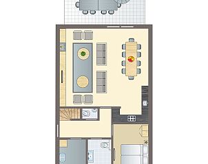 Sluftervallei 10-persoons bungalow met terras in De Cocksdorp, Texel, omgeven door groen.