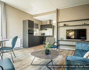Stijlvolle woonkamer van Chalet type Texel de Luxe in De Cocksdorp, Texel met moderne keuken.