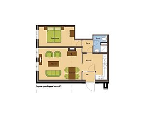 Plattegrond van Type R vakantiehuis, De Cocksdorp, Texel, met overzicht van kamers en indeling.