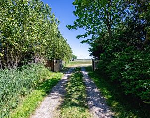 Toegangsweg naar Texels Vakantiehuis, omgeven door groen in De Cocksdorp, Texel, Waddeneilanden.