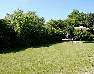Ruime tuin bij Vakantiehuis D 669 in De Cocksdorp, Texel met groene omgeving en terras met parasol, ideaal voor ontspanning op de Waddeneilanden.