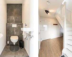 Strak vormgegeven badkamer en hal in Duinoord Texel vakantiehuis, De Cocksdorp, met houten vloer.