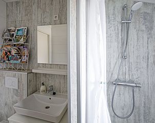 Moderne badkamer van Chalet Bregkoog 52, De Koog, Texel, met douche en wastafel bij Chaletpark Bregkoog.