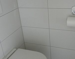 Stijlvolle badkamer in Vakantiehuis 1, De Koog, Texel voorzien van een modern toilet.