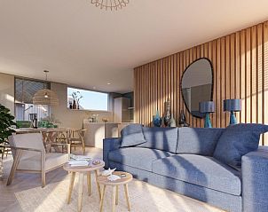 Stilvolles Wohnzimmer in der Duinvilla Wellness 6, De Koog, Texel, mit komfortabler Einrichtung und viel Licht.